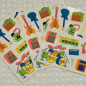 Vintage Paper Magic Stickers- Neon Rock n Roll Music Instruments- 3 Sheets